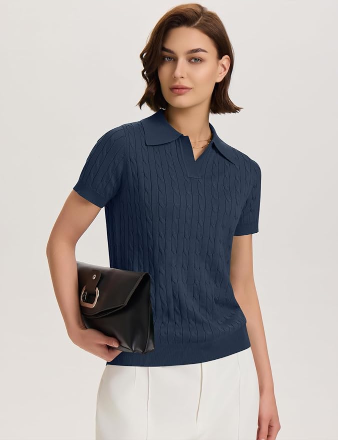 Micoson Womens Short Sleeve Sweater Tops Lapel V Neck Polo Shirts 2026 | Summer Cable Knit Loose Blouses, Business Casual Outfits