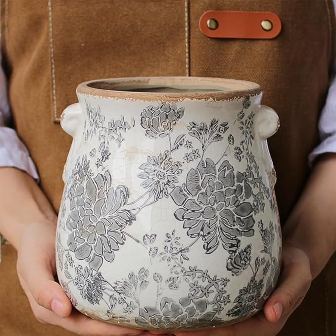 Tuscan Ceramic Planter & Vase, 6.68" Indoor/Outdoor Decorative Plant Pot | Unique Boho Flower Pot with Drainage, French Country Decor, Room & Home Ornament, Plant Gifts for Women, Vintage Grey