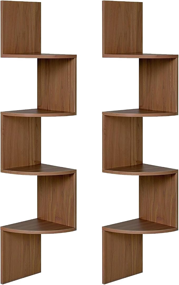 HOOBRO Corner Shelf Wall-Mounted, Set of 2 Floating Corner Shelves for Wall, 4-Tier Corner Bookshelves for Living Room, Bedroom, Bathroom, Home Office, Walnut WL25BJP201