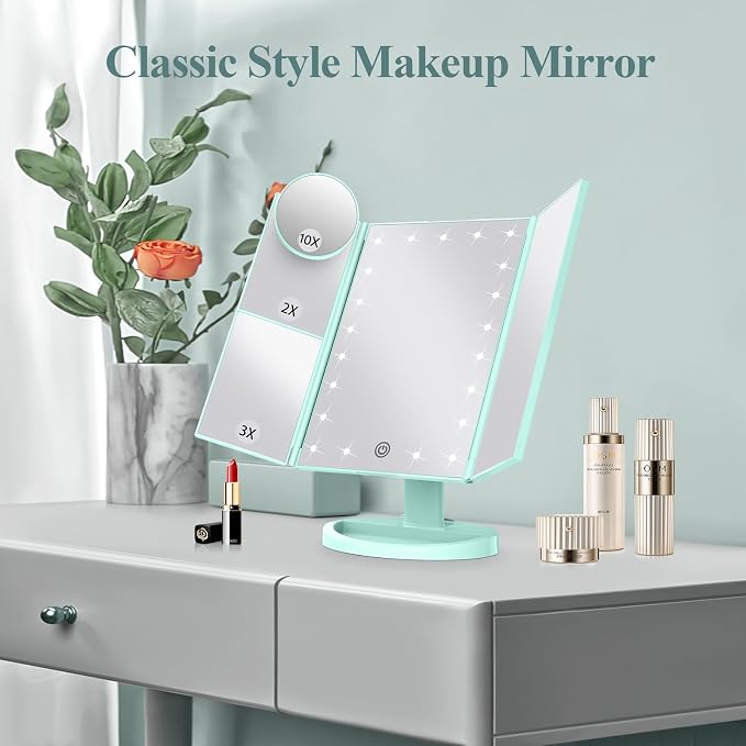 HUONUL Makeup Mirror, Vanity Mirror with Lights, 2X/3X/10X Magnification, Touch Control, Trifold Mirror, Dual Power Supply, Valentines Day, Gifts for Women, Wife, Mom, Teengirls