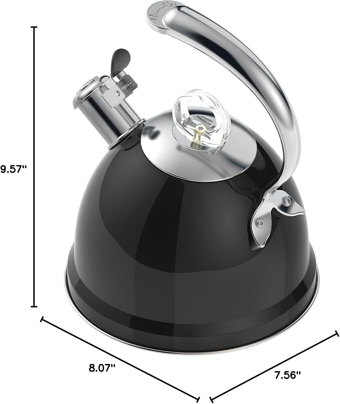 Harriet Tea Kettle Stovetop, 2.5 QT Whistling Stainless Steel Teapot, 3-Layer Base, Unique Ergonomic Handle, Includes Pot Holder & Mat, Electric/Induction/Gas Stovetops Applicable, Black
