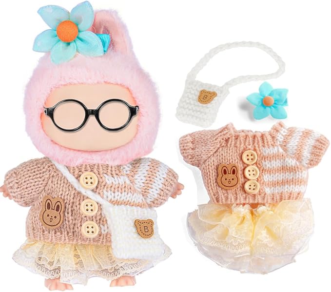 Fashion 17cm Doll Clothes Accessories Set Include: Flower Hairpin, Bag, Sweater and Dress- Cute Clothes for Dress up Your Dolls (Doll Not Included),Apricot with Dress