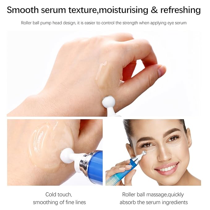 5% Caffeine Eye Serum with 360° Massage Roller Serum for Dark Circles & Relieve Puffiness, Reduce Wrinkles and Fine Lines, Bags, Tighten Lifting Under Eye Cream-0.5 OZ