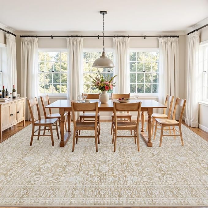 6x9 Area Rugs for Living Room: Vintage Boho Neutral Washable Rug Indoor Soft Large Area Rug Carpet for Bedroom Nursery Farmhouse Dining Room Office Floor Non-Slip Low Pile Under Table Natural Beige