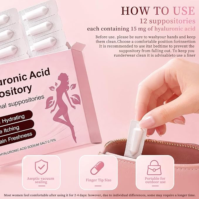 Vaginal Moisturizer Suppositories – Hyaluronic Acid for pH Balance, for Vaginal Dryness, Refreshing Comfort, Long-lasting hydration that deeply nourishes the skin (12 Count)