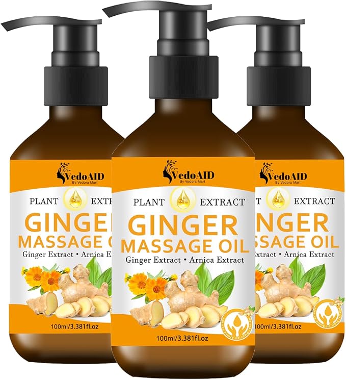 Ginger Massage Oil for Lymphatic Drainage, Sore Muscle Relief, and Massage Therapy, Ginger Oil with Arnica Extract & Vitamin E for Relax, Warm, and Soothing Body Massage, Perfect SPA Massage Oil (3pc)