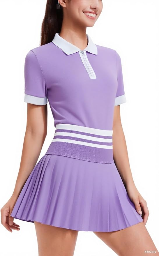 Tennis Skirt Sets for Women Zipper Color Block High Waisted Golf Polo Two Piece Skirt Set Women 2 Piece Outfits