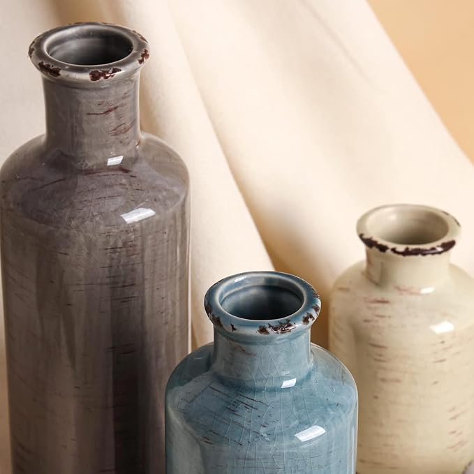 CUCUMI Ceramic Vases Set of 3, Rustic Vintage Vases Coastal Home Decor | Farmhouse Flower Vases Decor for Shelves, Ocean Beach Style, Mantle, Fireplace, Coffee Table, Shelf Decorations