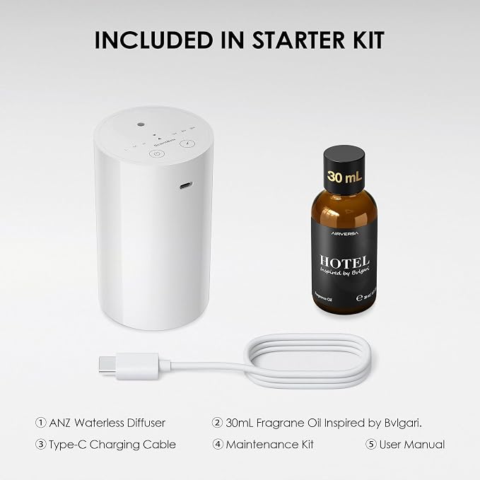 Waterless Essential Oil Diffuser Starter Kit, Battery Operated Diffuser Oil Machine, Portable Aroma Diffuser for Home Car Office, ANZ White | 30 mL BGR Hotel Scent Fragrance Oil, Battery Operated, Up to 600 sq ft, Portable for Home Car Office, ANZKit-30-G