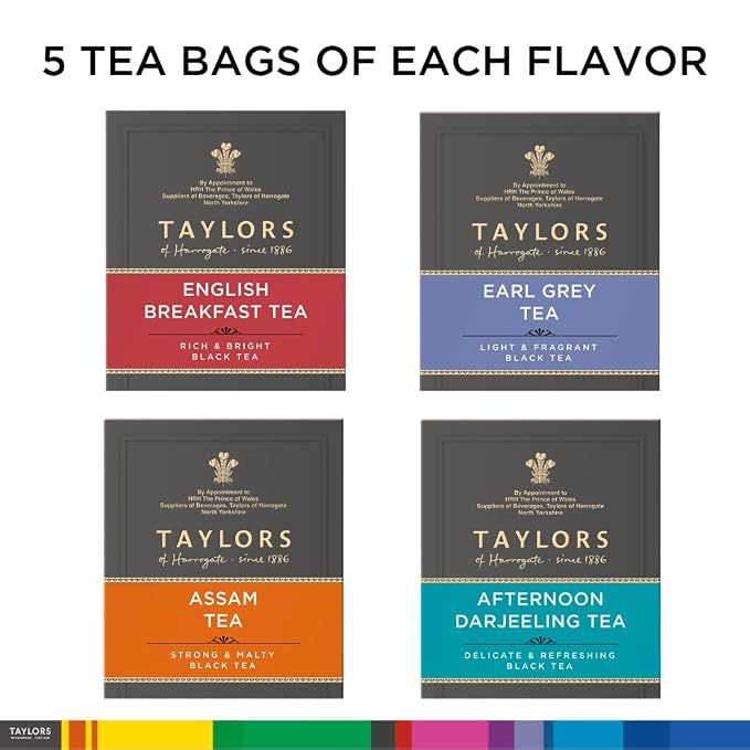 Taylors of Harrogate Assorted Specialty Black Teas Sampler, Variety Gift Box, Individually Wrapped Bags, 20 Count (Pack of 2), English Breakfast, Earl Grey, Assam, and Afternoon Darjeeling, Caffeinated, Enjoy Hot or Iced, 20 Teabags