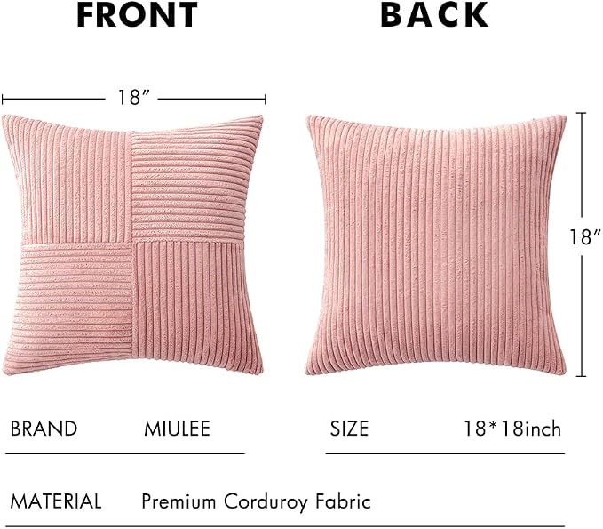 MIULEE Blush Pink Decorative Throw Pillow Covers for Couch 18x18 Inch | 2 Pack, Boho Farmhouse Pillow Covers, Soft Cross Corduroy Patchwork Textured Cushion Cases For Bed Sofa