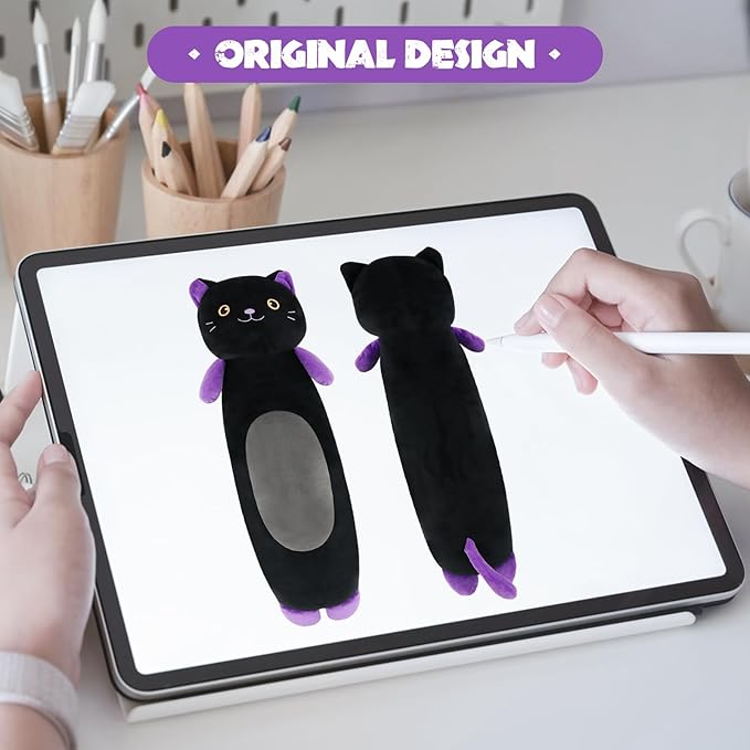 22” Long Cat Plush Body Pillow, Cute Black Cat Stuffed Animals, Lucky Kitty Squishy Soft Plushies Toy, Gifts for Kids Girls and Boys, Birthdays Easter