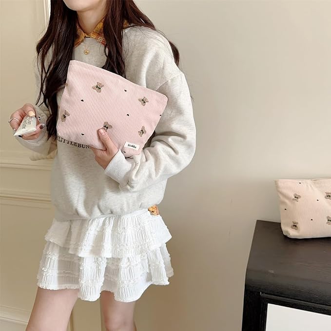 uekeboag 2Pcs Cute Small Soft Corduroy Zipper Makeup Bag for Purse, Coquette Aesthetic Pouch with Bear Pattern for Women Girls, Kawaii Travel Cosmetic Bags(Beige and Pink)