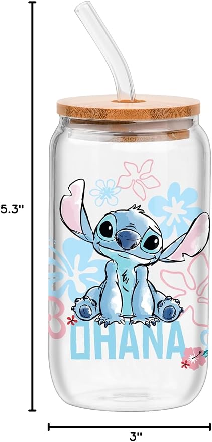 Silver Buffalo Disney Lilo and Stitch Ohana Floral Glass Jar Tumbler with Bamboo Lid and Glass Straw, 16 Ounces (Pack of 12)