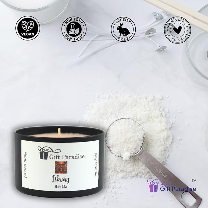 Gift Paradiseยฎ Library Soy Wax Candle โ 6.5 oz Black Metal Tin with Cotton Wick | Antique Sandalwood, Aged Books & Ancient Alexandria Scent | Hand-Poured Long-Lasting Home Fragrance