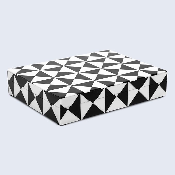 Handicrafts Home Decorative Storage Box with Lid, Black and White Decorative Box for Remote Controls, Slim Coffee Table Storage Box for Shelf, Desk & Living Room Decor, Triangle 8 x 6 x 1.5 Inch
