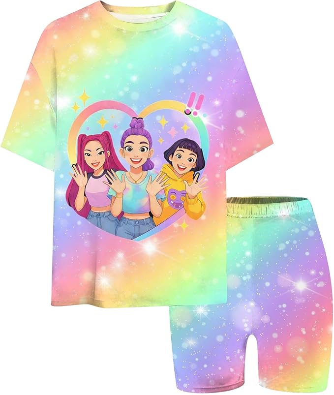 K-POP DEM0N Hunters Outfits for Girls, 2 Piece T-Shirts and Apparel Sets Birthday Gift
