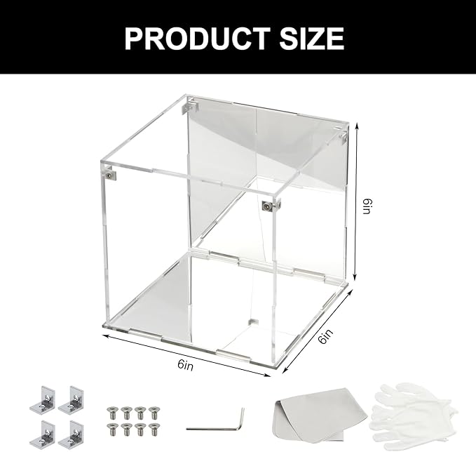 Self-Assemble Acrylic Display Case with Mirrored Back, Clear Action Figure Storage Display Box with Mirrored Base Stand, Cube Storage Containers for Home Office Collectibles, 6x6x6Inch
