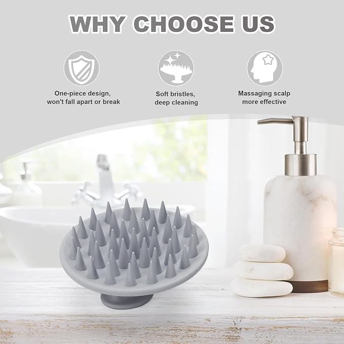 Meartchy Silicone Scalp Massager Shampoo Brush, Scalp Brush for Hair Growth & Dandruff Removal, Hair Scrubber Scalp Stimulator Exfoliator Brush with Soft Bristles for Wet Dry Scalp Care (Grey)