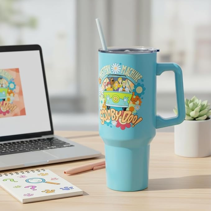 Silver Buffalo Scooby Doo Mystery Machine Featuring Shaggy, Velma, Fred and Daphne Double Walled Stainless Steel Tumbler with Handle and Straw, Fits in Standard Cup Holder, 40 Ounces