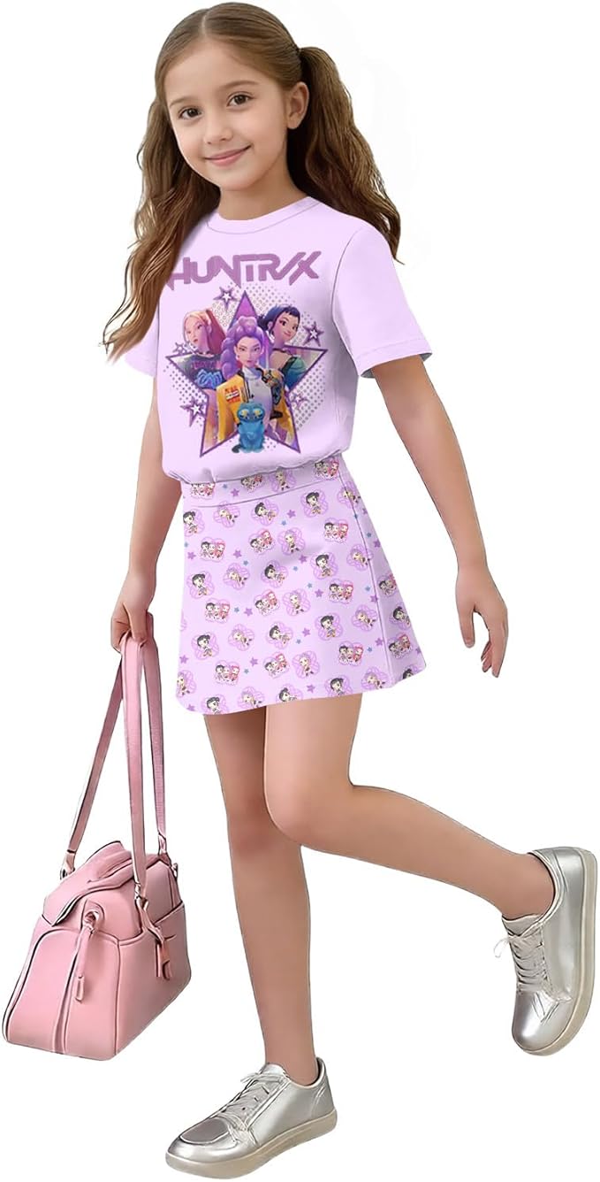 HTHLVMD K Pop Short Sleeve T-Shirt and Skirts Outfits Set for Girls Hunters Rumi Mira Zoey Graphic Tees De-Mon Costume