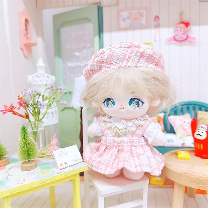 niannyyhouse 10cm~15cm Plush Doll Clothes Berets Suspender Skirt White Shirt Accessories Doll Dress Up (Pink)