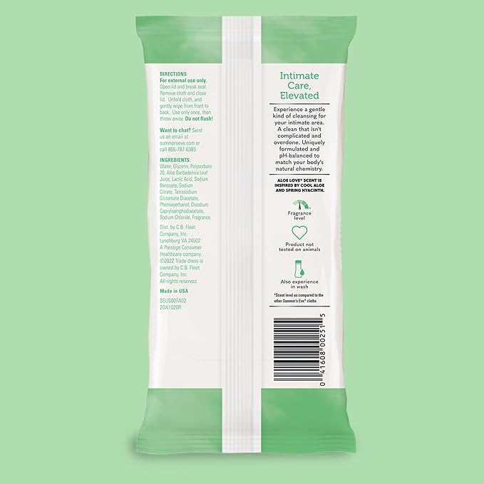 Summer's Eve Feminine Wipes, Aloe Love, Vaginal Wipes with Gentle pH-Balanced Micellar Water Formula, Feminine Care to Help Remove Vaginal Odor, Gynecologist Tested, 32 Wipes, 12 Pack