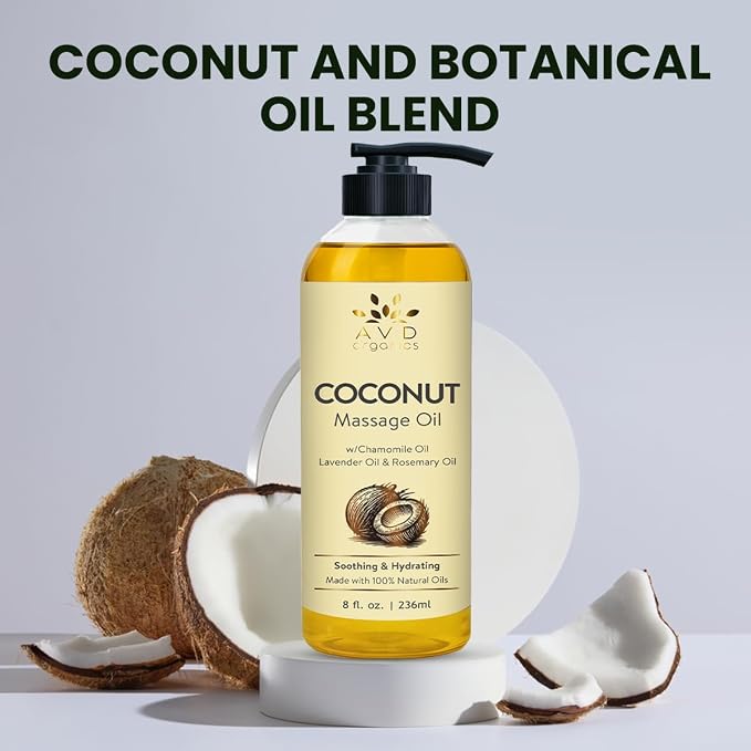 AVD Organics Coconut Massage Oil 236 ml |Infused with Chamomile Lavender and Rosemary | Cold Pressed Oil for Aromatherapy | Skin Nourishment Body | Ideal for DIY | 8 fl.oz
