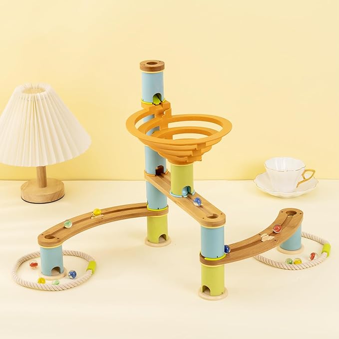 Marble Runs Building Toy, Bamboo Construction Toy Set with Ball, Simple Maze Toy Suitable for Age 4+ Children