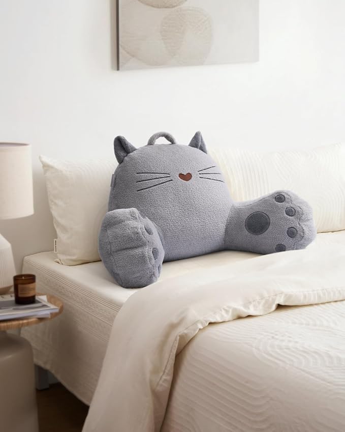 Blissful Diary Kitty Reading Pillow for Kids/Teens/Adults, Back Rest Pillow for Sitting Up in Bed with Shredded Memory Foam, Includes Arms and Washable Cover, Light Gray