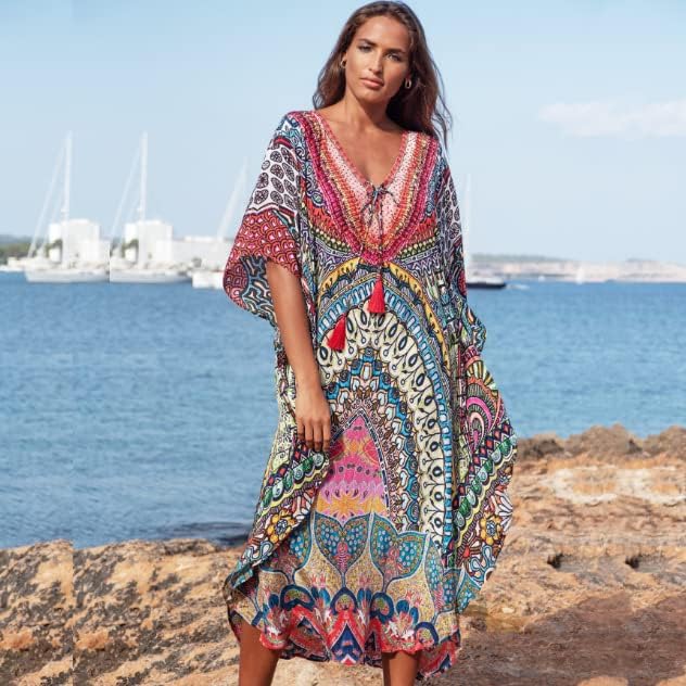 Venasha Womens Caftan Floral Print Kaftan Dress Short Sleeve Swimsuit Cover up Loungewear for Summer