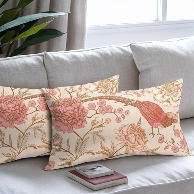 Flowers Birds Lumbar Pillow Covers 12X20 Inch Set of 2 Pink White Roses Floral Leaf Decorative Pillow Cases Art Retro Gold Cotton Linen Cushion Case Vintage Home Decor for Sofa Couch Porch Outdoor