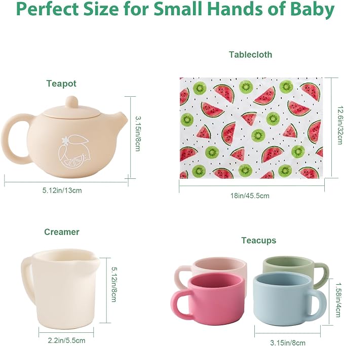 Silicone Tea Set for Toddlers Aged 0+ Months,Real or Play Tea Party Set for Kids,Non-Toxic Baby Kitchen Toys,Cute Morandi Children Gift Suitable for Little Girl Boy(with Washable Cloth Napkin)