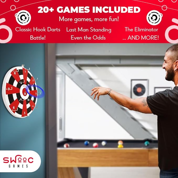 Swooc Gamesยฎ โ Hook Darts Ring Toss Game โ Wood Board & Soft Rings โ 20+ Games Included for Kids & Adults โ Wall Mounted Ring and Hook โ Indoor & Outdoor Wall Decor for Game Room, Patio, Garage, Yard