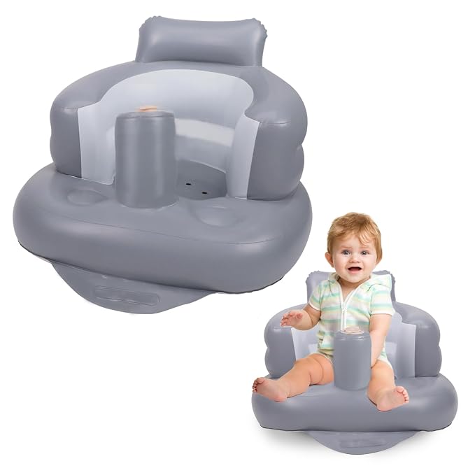 AirSwim Inflatable Baby Seat, Inflatable Baby Chair for Babies 3 Months and Up, Summer Blow Up Chair with Built in Air Pump, Infant Floor Seats for Learning to Sit, Palying, Camping, Grey