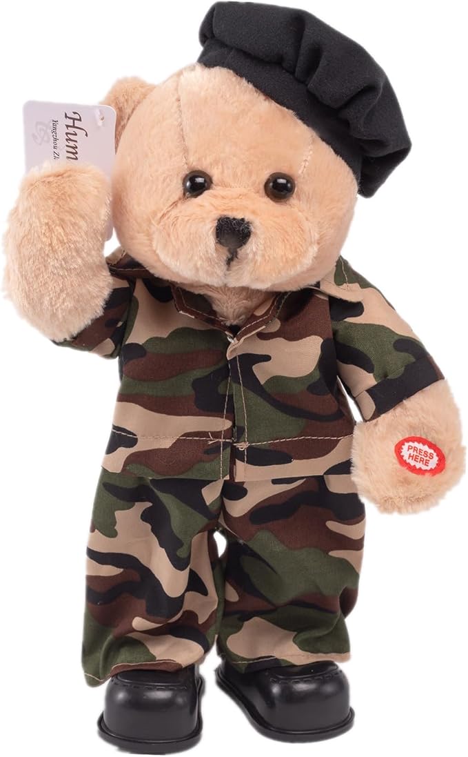Children's Idol Military Hero Teddy Bear Stuffed Animals Singing Dancing Teddy Bear Stuffed Animal, US Army Theme Music Plush Toys,Independence Day Birthday Gifts for Kids .14"(Camouflage Army)