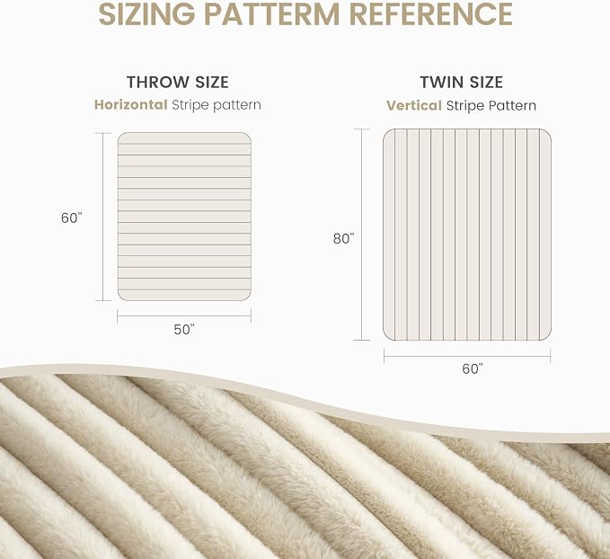 Cozy Bliss Faux Fur Throw Blanket for Couch, Cozy Warm Plush Striped Blanket for Sofa Bedroom Living Room, 60 * 80 Inches Beige