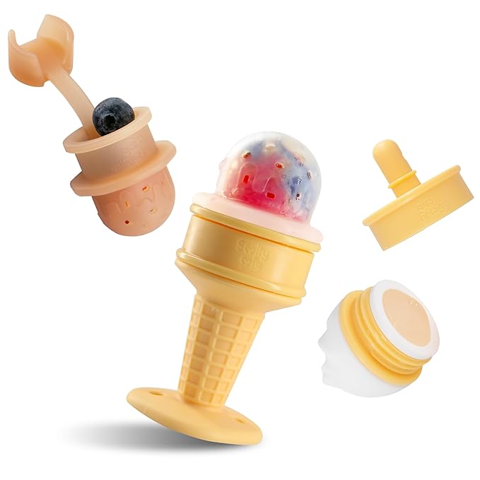 Smily Mia Baby Fruit Food Feeder & Freezer Teether Combo, ICY Bite Ice Cream Teether for Baby Cooling Relief, BPA Free Silicone Feeder for Safe Infant Self Feeding, 3 Month+,Cream White