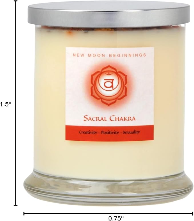 Sacral Chakra Candle by New Moon Beginnings - Chakra Candles - Dried Flower, Herb, & Crystal Candles - Aromatherapy Candles - Soy Candle - 12oz Glass Jar