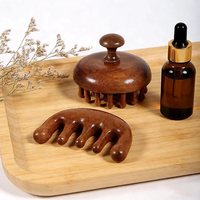 Scalp Massager for Hair Growth, Two-Piece Set-Manual Head Scrubber with Sandalwood, Portable Handheld Tool for Scalp Care & Relaxation, Stress Relief Brush for Home and Travel Spa Experience