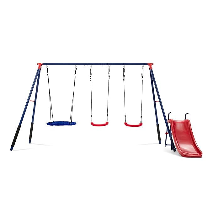 Delta Children FunZone Outdoor Metal 4-Piece Swing Set - Includes 2 Swings, 1 Disc/Saucer Swing and Slide, Blue/Red