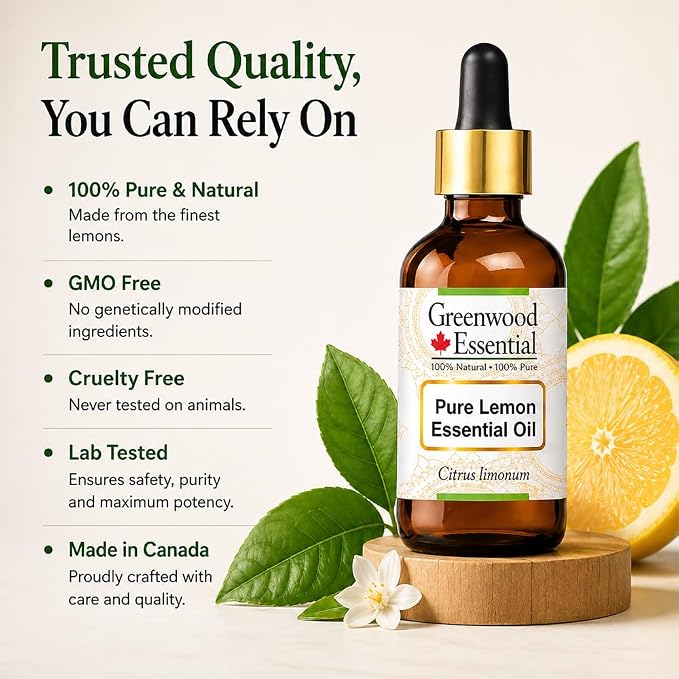 Greenwood Essential Pure Lemon Essential Oil (Citrus limonum) with Glass Dropper Steam Distilled 5ml (0.16 oz)