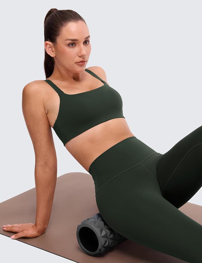 CRZ YOGA Butterluxe Adjustable Wide Strap Sports Bras for Women - Square Back Padded Scoop Neck Yoga Top