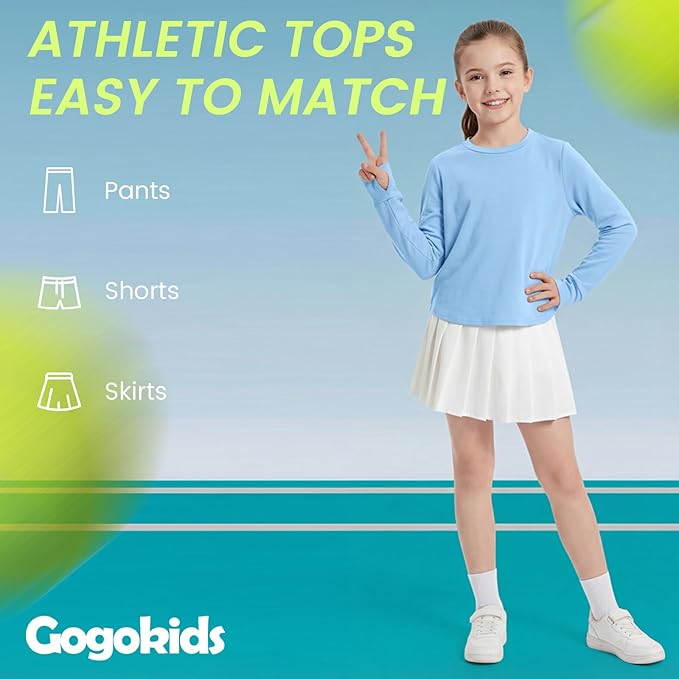 Gogokids Girls Shirts Long Sleeve Athletic Shirts Open Back Tops Active Sports Tshirts Yoga Workout Crop Tees 5-14 Years