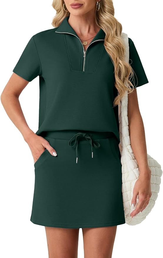 GRECERELLE Women's Summer 2 Piece Skort Set Half Zip Short Sleeve Top & Pocketed Tennis Skirt For Sports & Vacations.