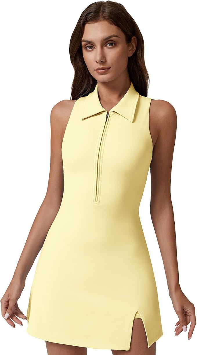QINSEN Womens Zip Front Tennis Dress Polo Collar Racer Back Workout Golf Dresses Build in Shorts with Pockets