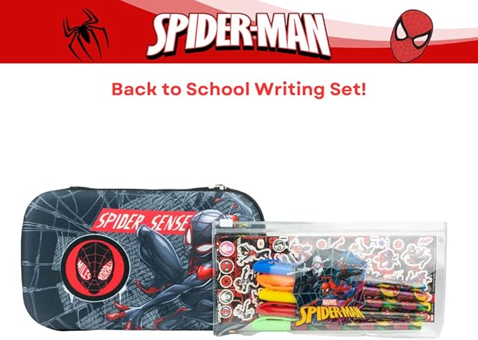Innovative Designs Marvel Avengers Spiderman Pencil Case Set with Stickers and Gel Pens for Kids, Molded with Zip Closure, Black