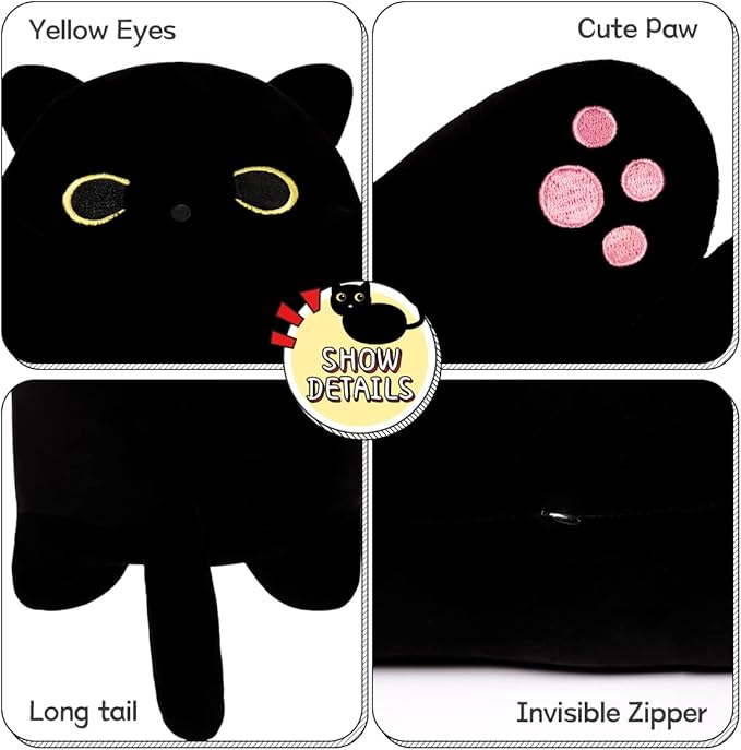 Black Cat Plush Toy Pillow - Cute Cat Gift for Kids (Black, 90cm/35.4in)