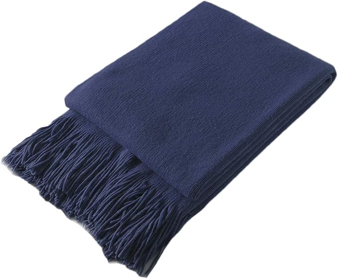 Homiest Navy Blue Knitted Throw Blanket with Fringe, 50x60 Inch | Pure Acrylic, Lightweight & Breathable, All-Season Use, Machine Washable, Wrinkle & Fade Resistant, for Couch Sofa And Bed