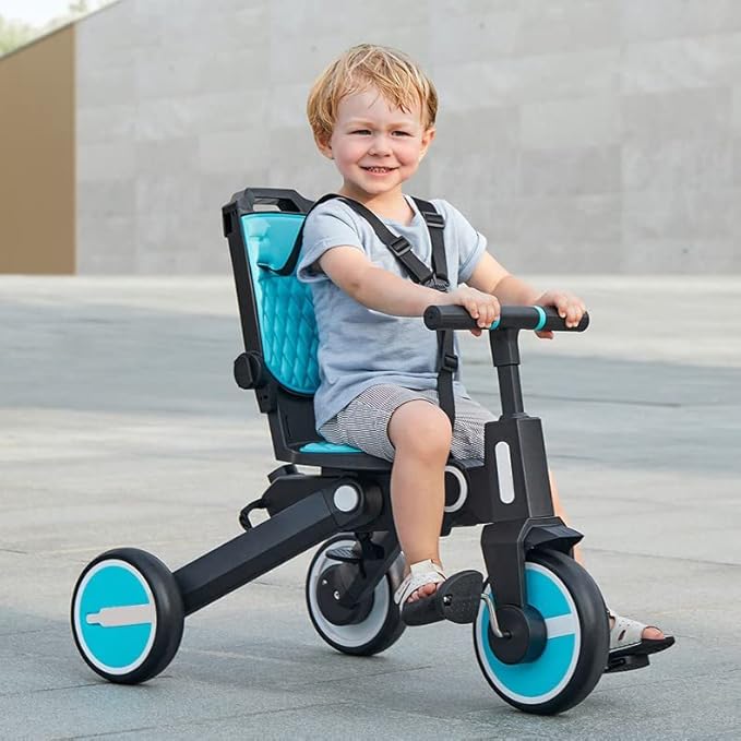 Trixplorer 7-in-1 Tricycle for Toddlers, Removable Push Handle, 360ยฐ Rotating Seat, Adjustable Canopy, Safety Harness, Storage, Basket, Folding Toddler Tricycle for 1-5 Year Old (Sky/Blue)